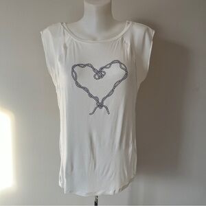 RW&CO  Nautical Ivory Top Cap Sleeve Heart Graphic TShirt Tee Stretch Tunic Sz M